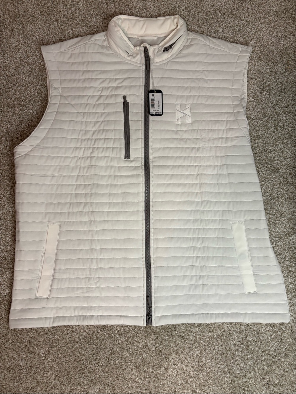 johnnie-O White Quilted Men's Vest with Gray Zipper